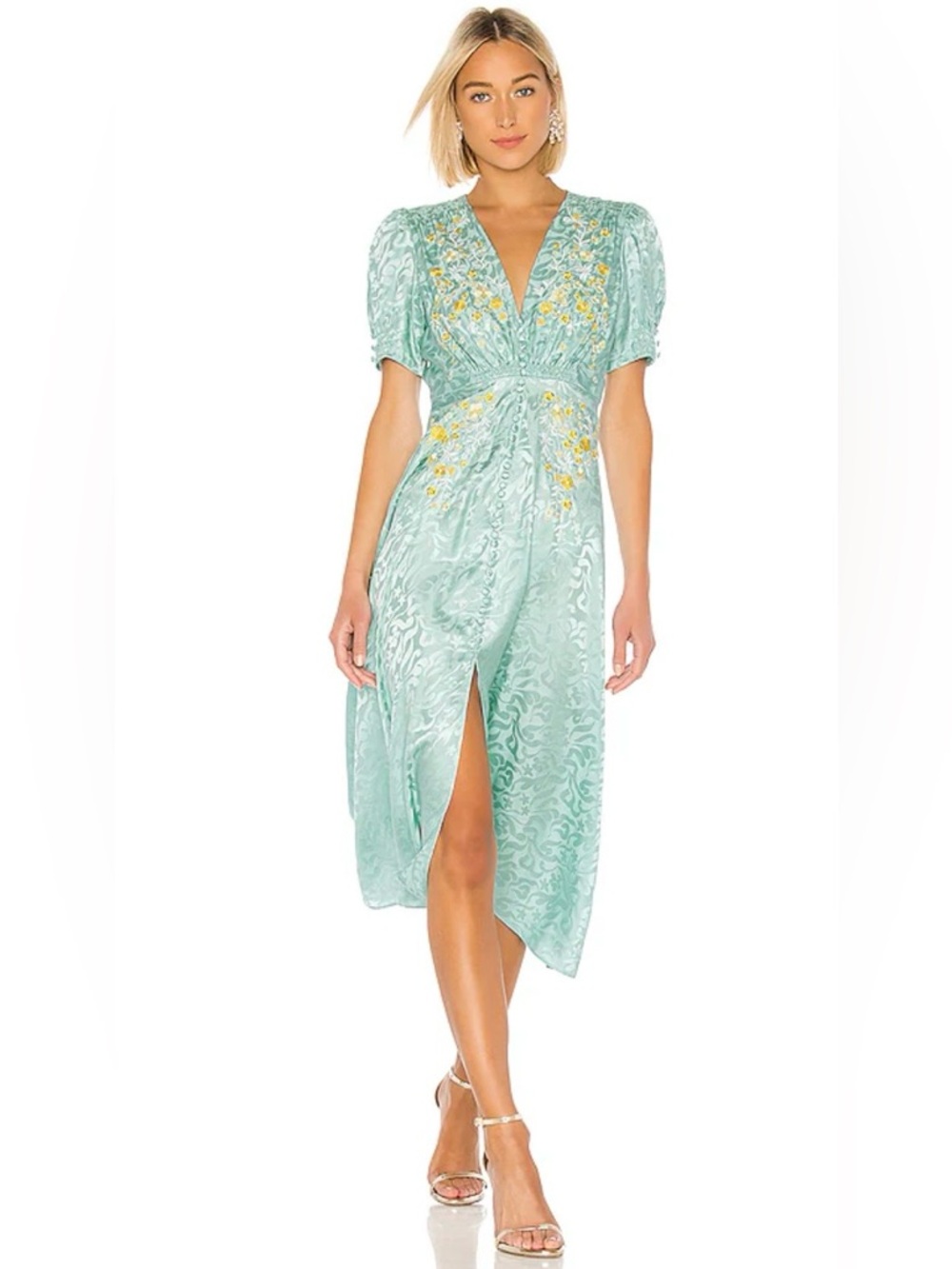 SALONI Lea Silk blue/Mint V-Neck Midi Dress with Yellow Floral Embroidery size10